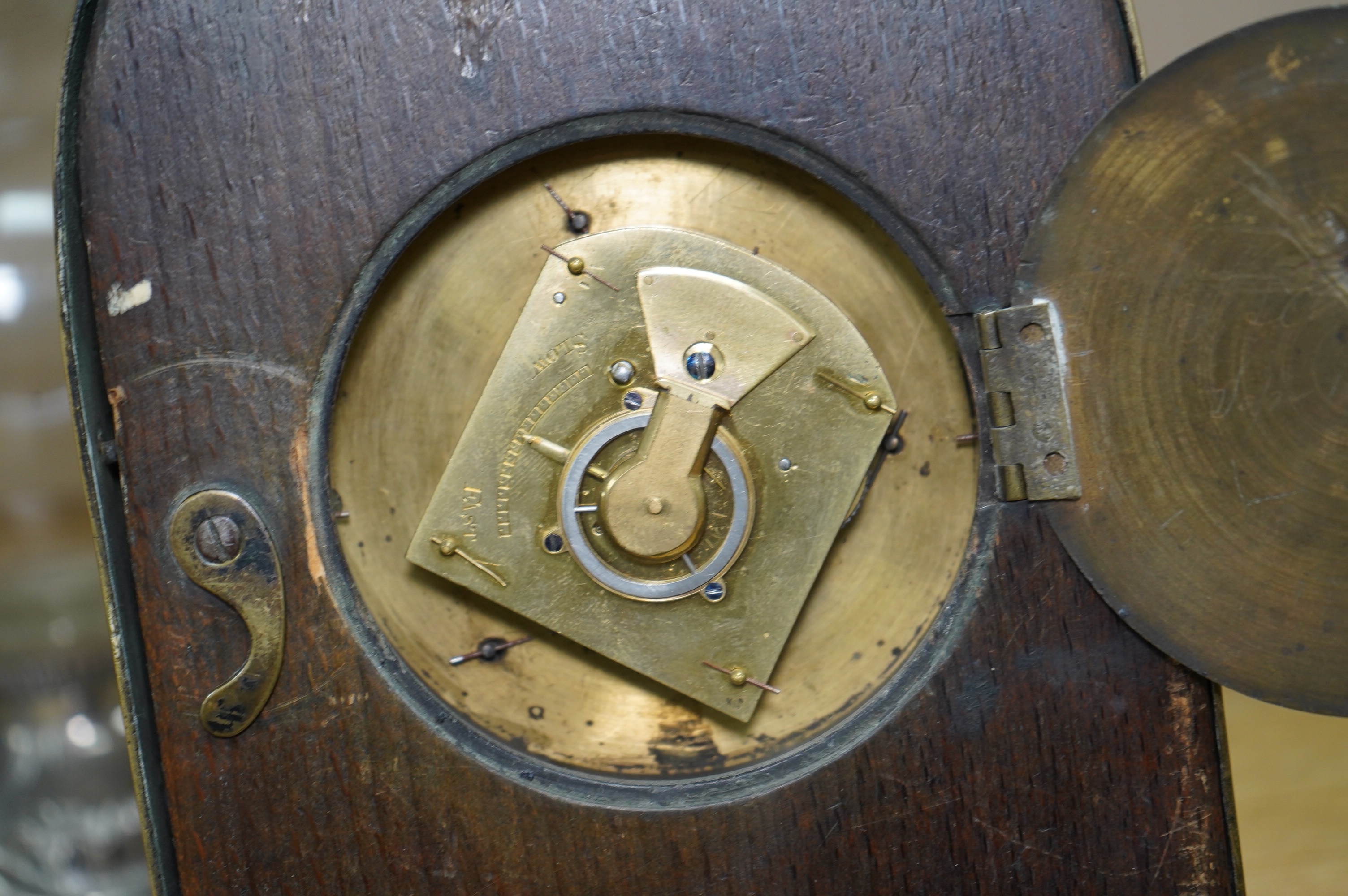 An early 19th century Gothic revival Sedan timepiece with balance escapement movement, applied Tudor rose mounts, with key, 27cm high. Condition - good, untested